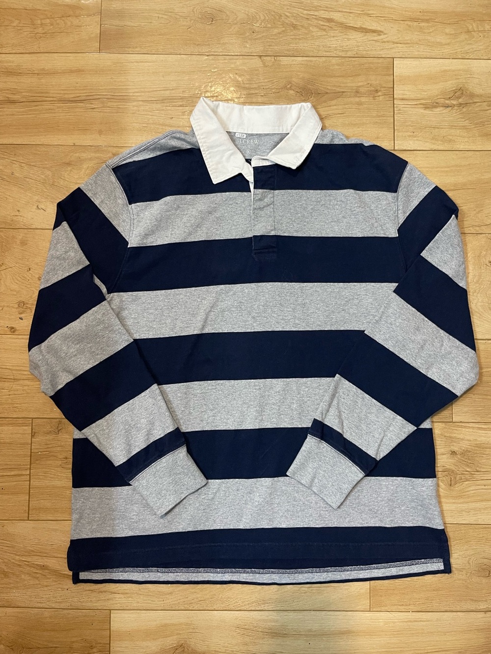 J.Crew Men’s XL Classic Navy & Gray Striped Cotton Rugby Shirt with White Collar